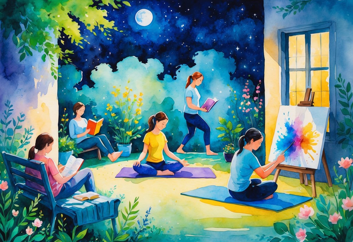 A nighttime outdoor scene showing people engaged in hobbies like reading, yoga, painting, and gardening under a starry sky with a glowing moon.