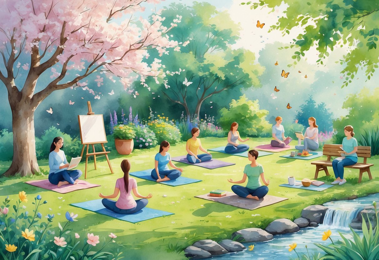 A peaceful garden scene with people reading, painting, doing yoga, gardening, playing music, journaling, knitting, and meditating.