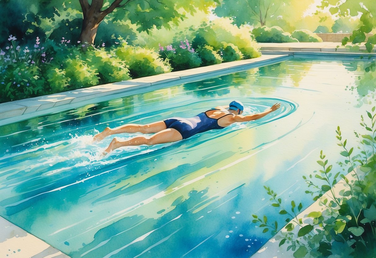 A person swimming calmly in a peaceful outdoor pool surrounded by trees and plants with sunlight filtering through.