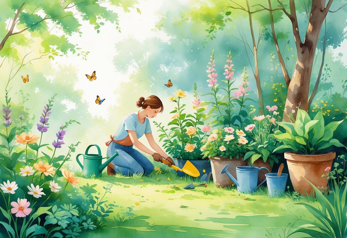 A person gardening outdoors surrounded by flowers, plants, and gardening tools in a peaceful garden setting.
