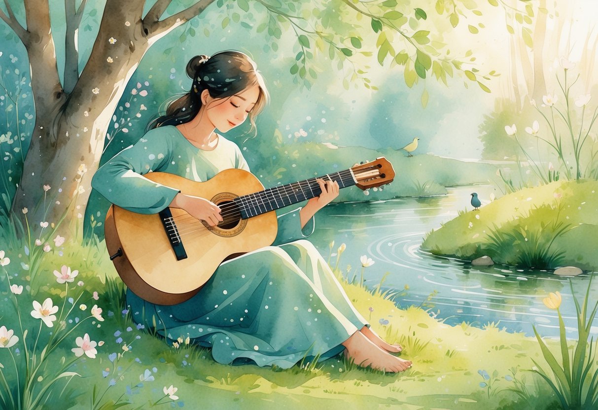 A person sitting outdoors by a stream playing a guitar surrounded by trees, flowers, and birds.
