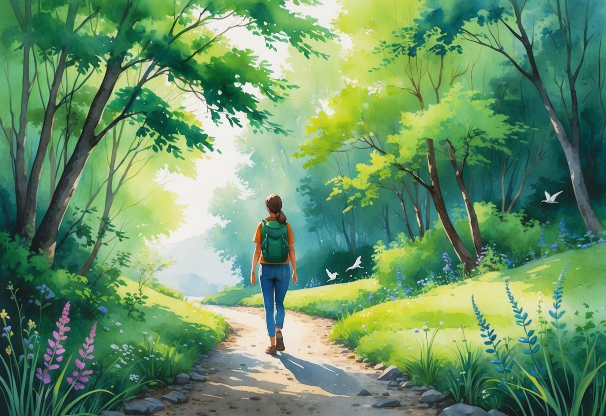A person walking alone on a forest path surrounded by trees, flowers, and a nearby stream.