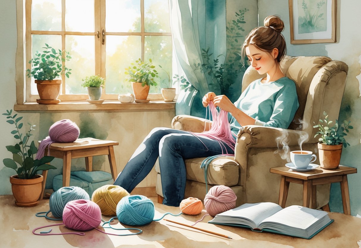 A person knitting with yarn in a cozy room by a window, surrounded by yarn balls, a cup of tea, and plants.