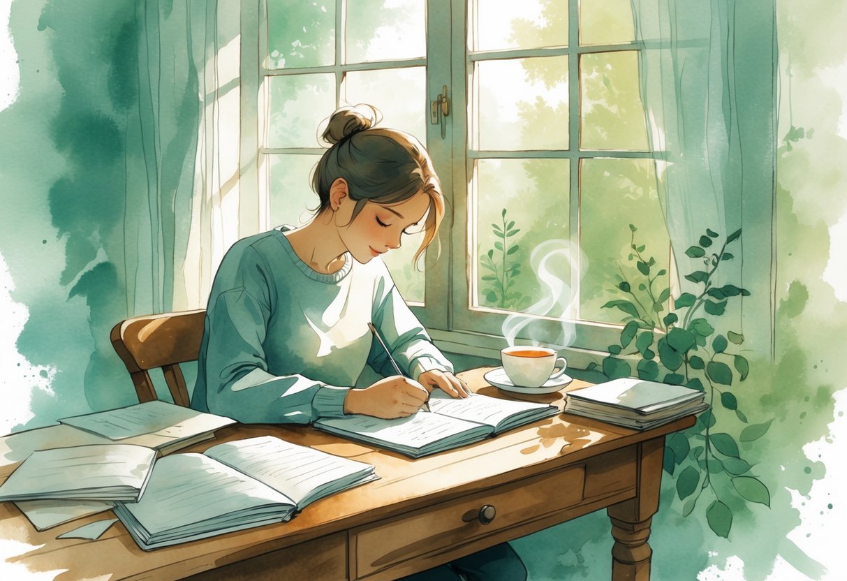 A person sitting at a desk by a window, writing in a notebook with papers and books around, a cup of tea nearby, and greenery visible outside.