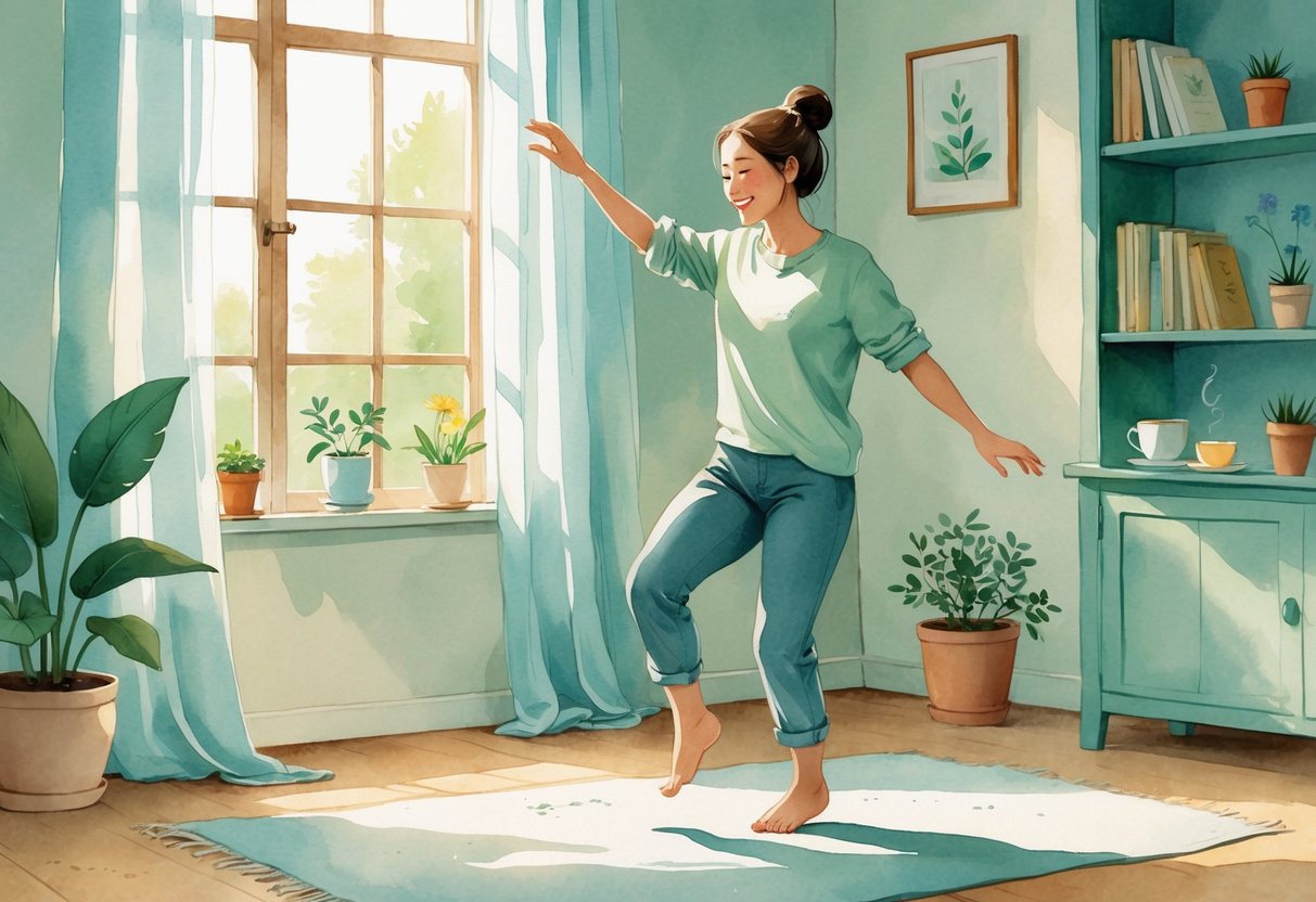 A person dancing alone barefoot in a cozy, softly lit room with a wooden floor and a window with curtains.