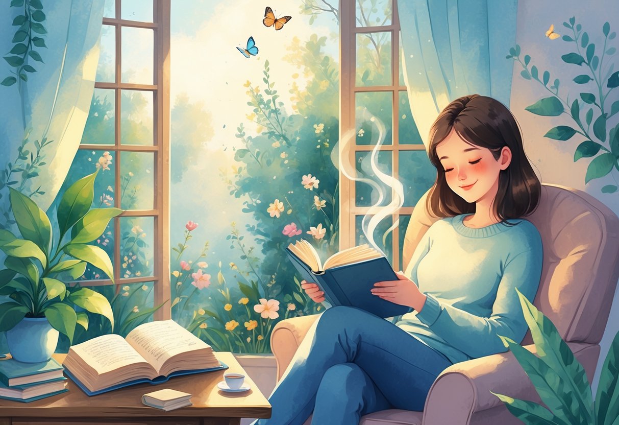 A person sitting comfortably in an armchair, reading a book surrounded by plants, a cup of tea, and a window showing a peaceful garden outside.