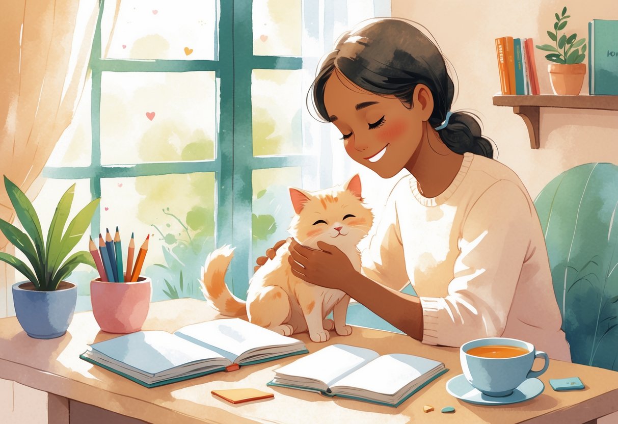 A person gently caring for a small pet in a cozy room with soft light and peaceful surroundings.