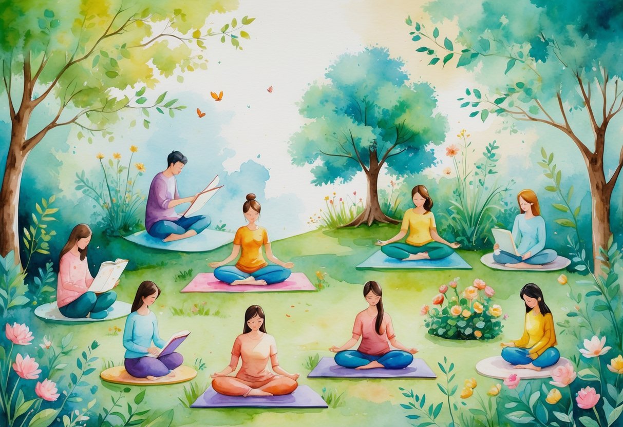 A peaceful scene showing diverse people engaged in ten relaxing hobbies like coloring, painting, knitting, meditating, doing yoga, reading, gardening, playing guitar, baking, and journaling in calm indoor and outdoor settings.
