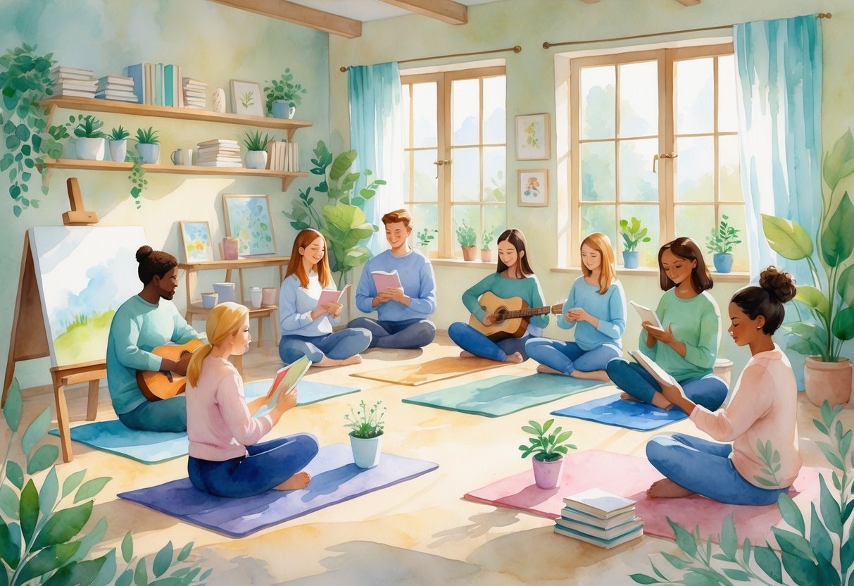 A peaceful indoor scene showing people engaging in various calming hobbies like painting, reading, knitting, gardening, playing guitar, journaling, and practicing yoga together.