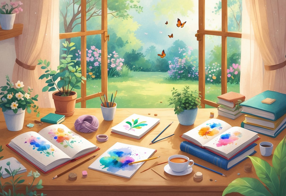 A person painting at a table surrounded by art supplies, plants, books, and a cup of tea, with a window showing a garden outside.