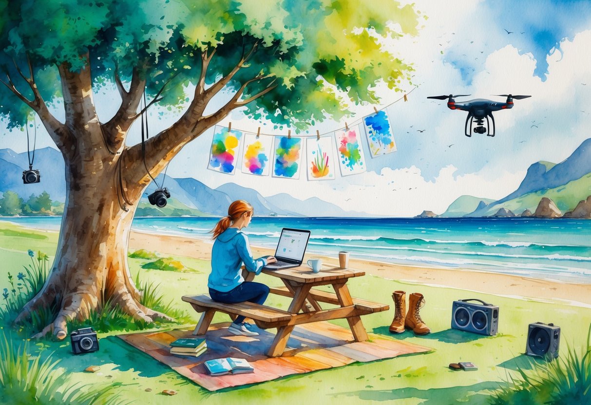 A person working on a laptop outdoors surrounded by items representing hobbies like photography, drawing, yoga, cycling, reading, relaxing in a hammock, flying a drone, writing, hiking, and listening to music, set in a natural landscape with mountains and a beach.