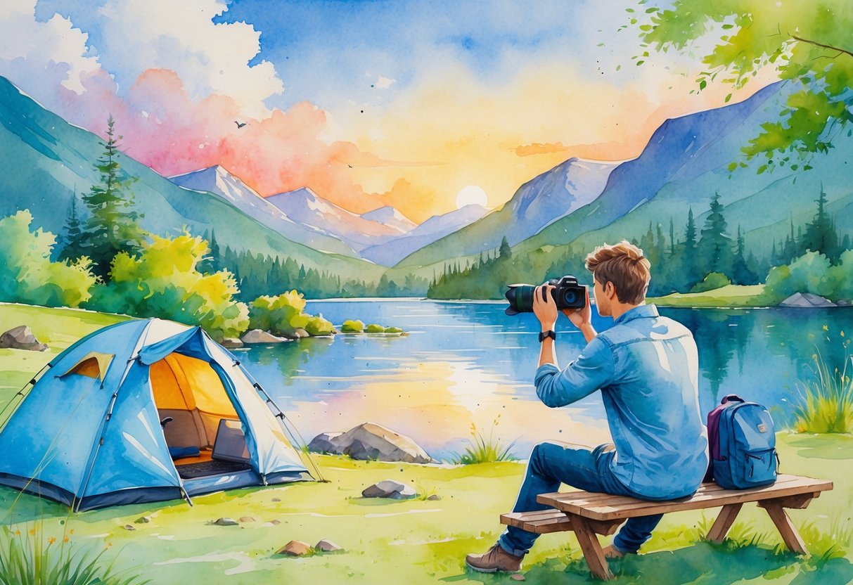 A person outdoors near a lake and mountains, holding a camera and surrounded by camping gear and a laptop.