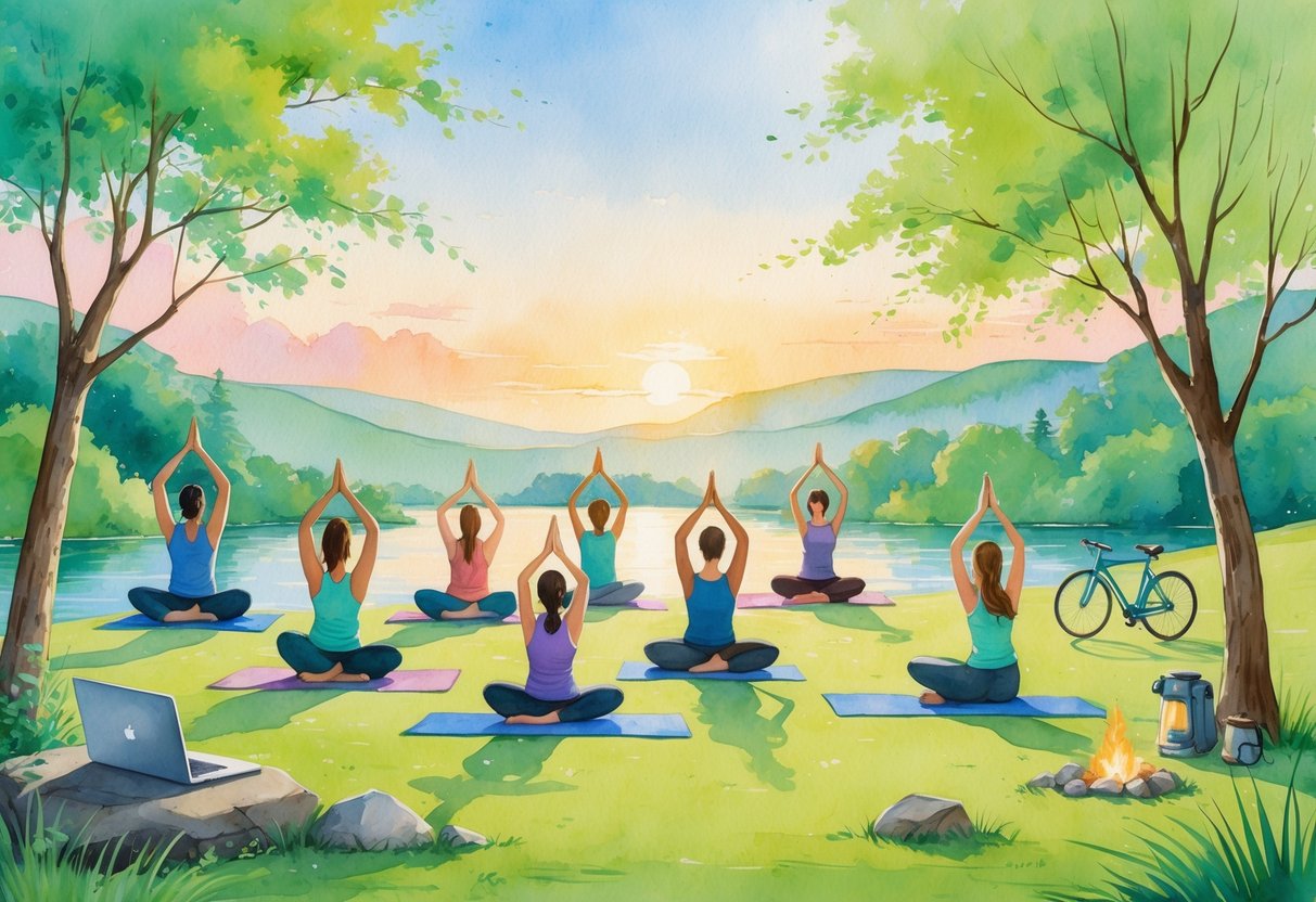 A group of people practicing yoga outdoors in a green meadow by a calm lake at sunrise, surrounded by items like a laptop, camera, sketchbook, bicycle, and campfire.