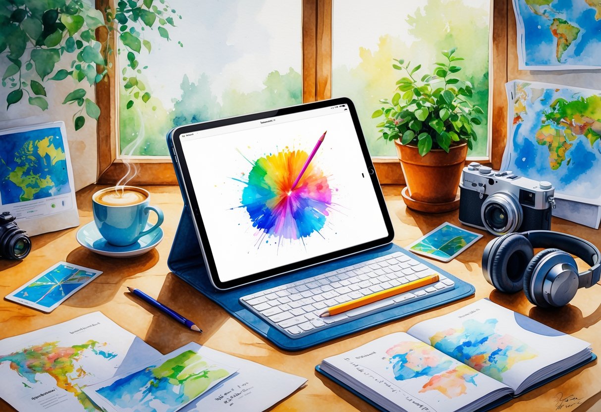 A workspace with an iPad and Apple Pencil on a wooden table surrounded by coffee, a plant, a camera, travel maps, a notebook, and headphones near a window with natural light.