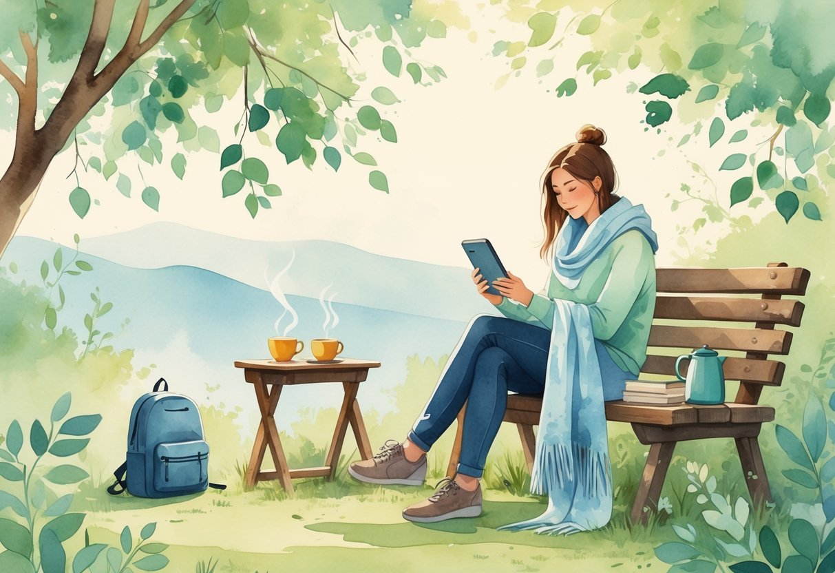 A person sitting outdoors on a bench, reading on a Kindle device surrounded by nature and personal belongings.