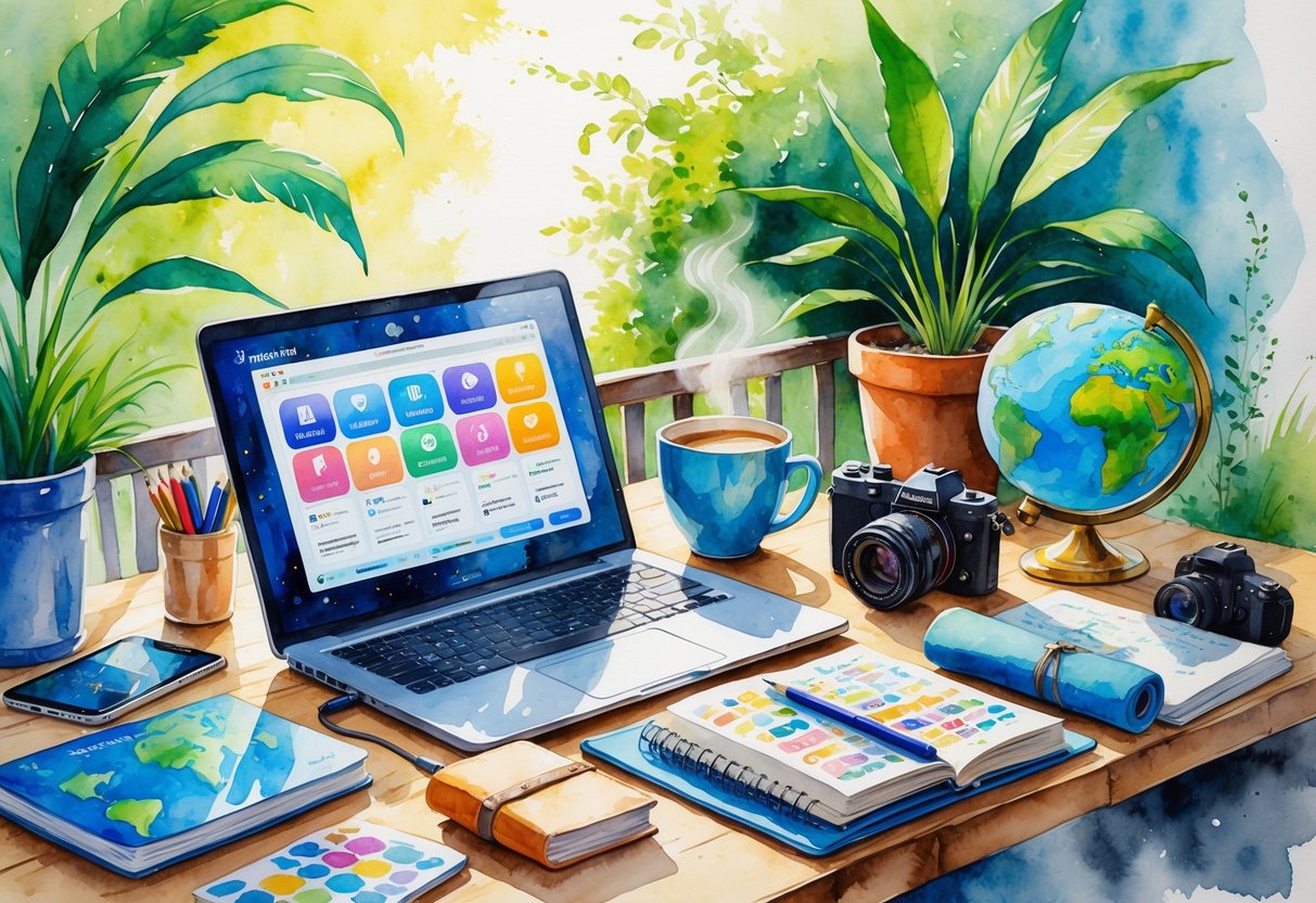 An outdoor workspace with a laptop, language books, coffee, and travel items on a table surrounded by plants and sunlight, with hobbies like photography and yoga gear nearby.