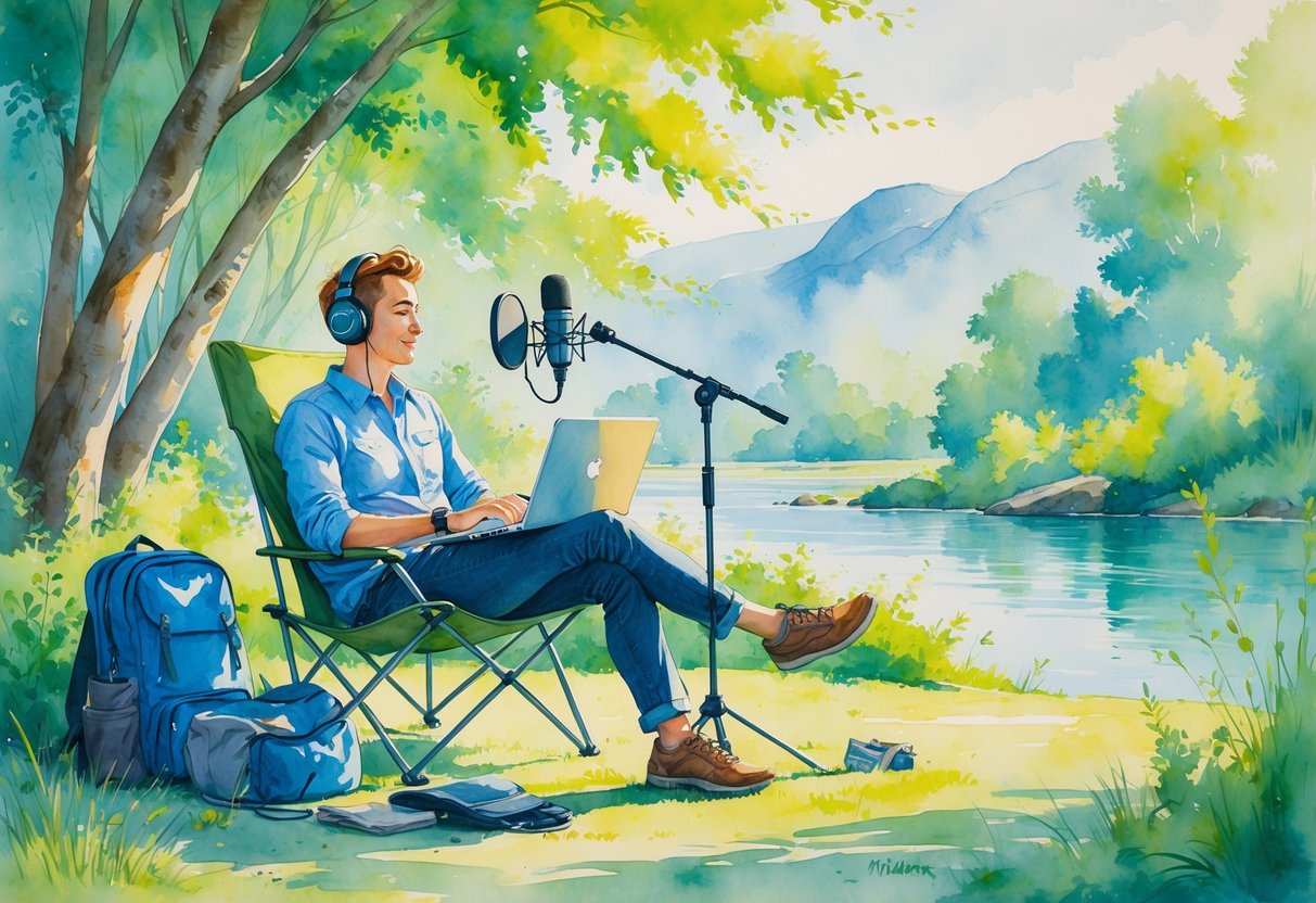 A person outdoors sitting with a laptop and a portable microphone, surrounded by nature and travel gear.