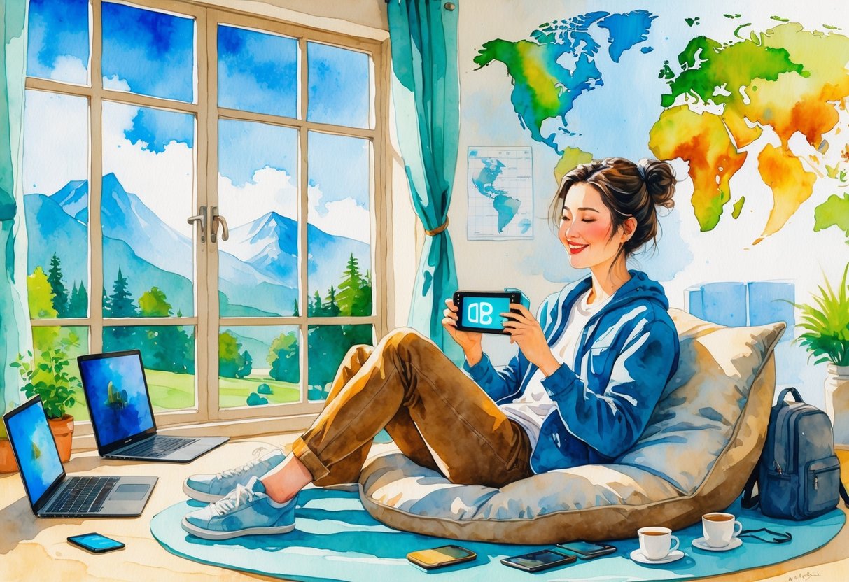 A person sitting comfortably indoors playing a Nintendo Switch console with a scenic mountain view outside the window.