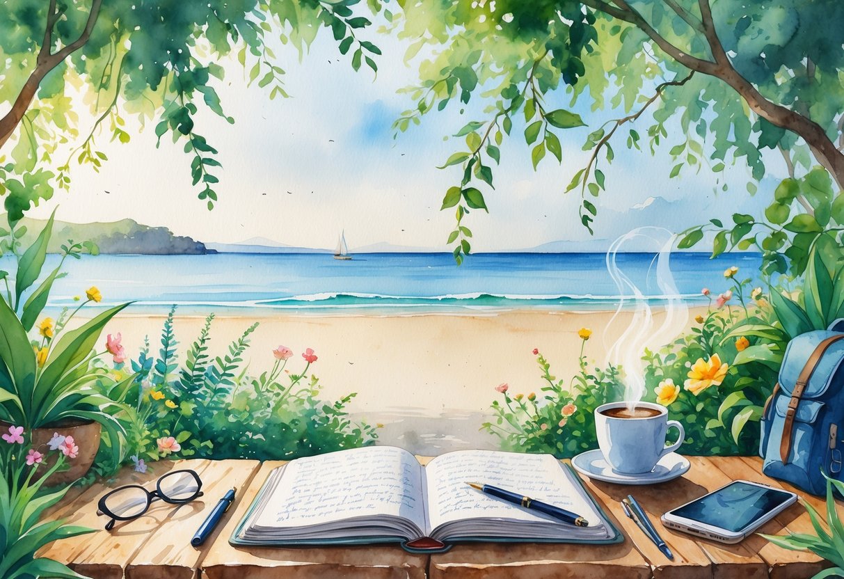 A peaceful outdoor scene with a wooden table holding an open notebook, pen, coffee cup, plants, and a beach with waves and a sailboat in the distance.