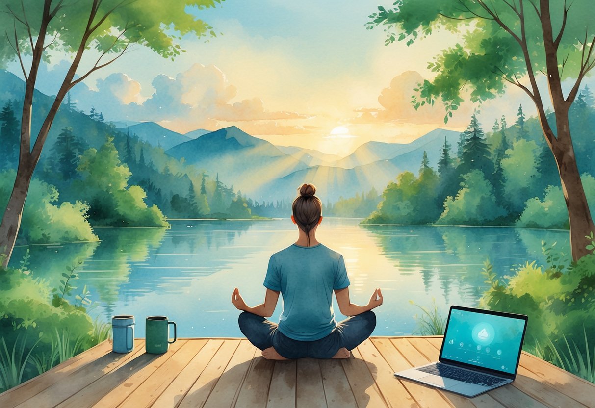 A person meditating outdoors on a wooden deck by a calm lake at sunrise, using a smartphone with a meditation app, surrounded by nature and mountains.