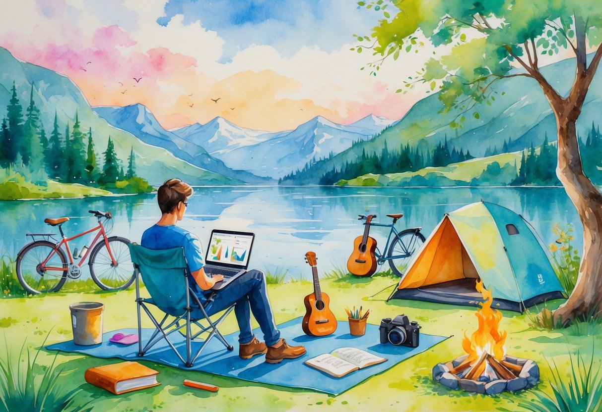 A person sitting by a lakeside campsite with a laptop, surrounded by items like a sketchbook, camera, ukulele, book, yoga mat, and bicycle, with mountains and trees in the background.