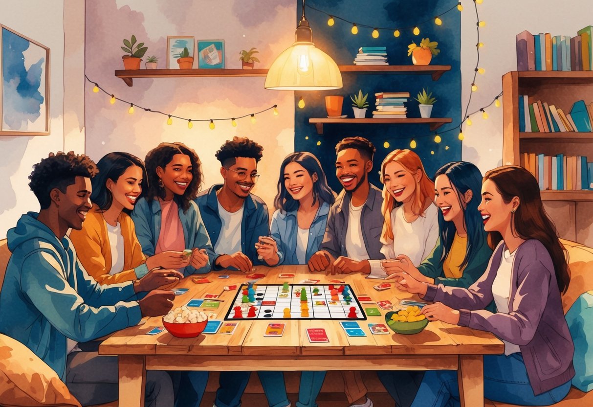 A group of friends sitting around a table playing board games and enjoying snacks in a cozy room.