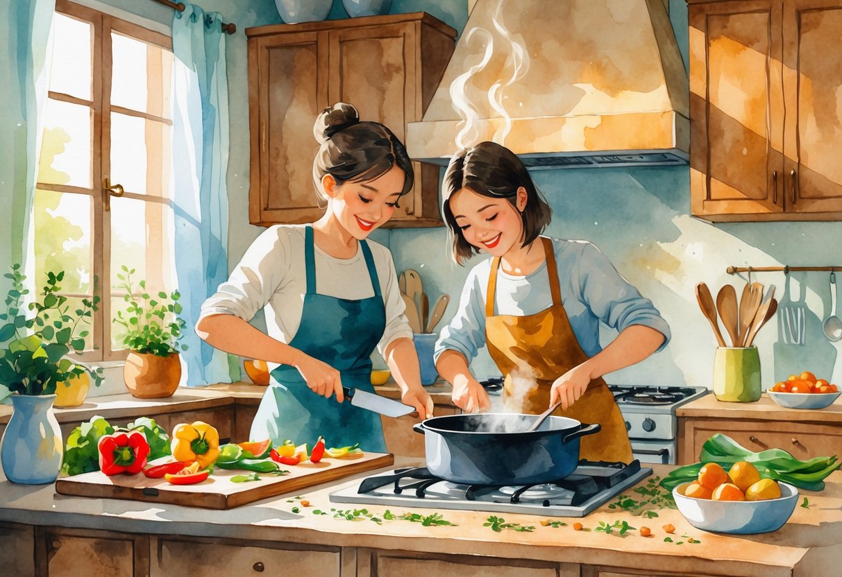 Two roommates cooking dinner together in a cozy kitchen with fresh ingredients on the table and one person stirring a pot on the stove.