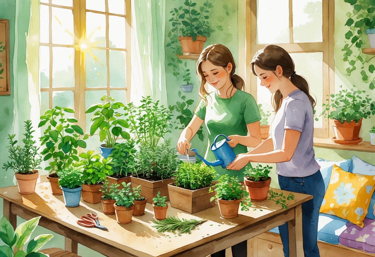 Two people caring for a variety of potted herbs on a wooden table in a bright indoor room with sunlight coming through a window.