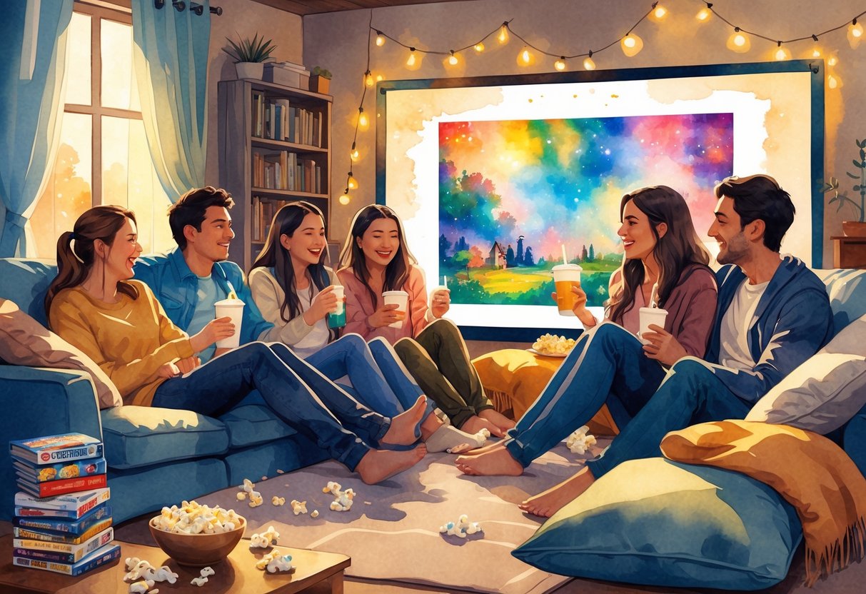 A group of roommates sitting together in a living room watching a movie, sharing snacks and enjoying each other's company.