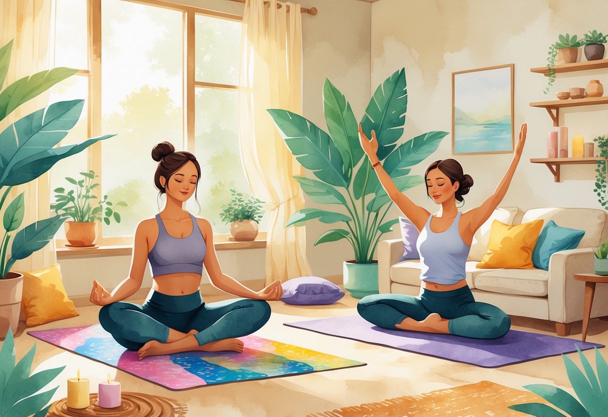 Two roommates practicing yoga and meditation together in a cozy living room with plants and soft natural light.