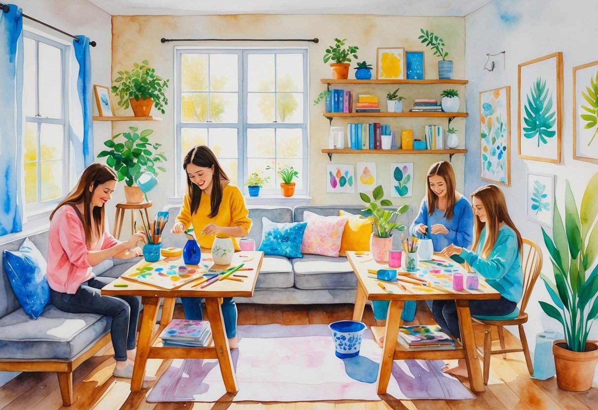 A cozy living room where roommates are working together on various DIY home decor projects around a table filled with craft supplies and plants.