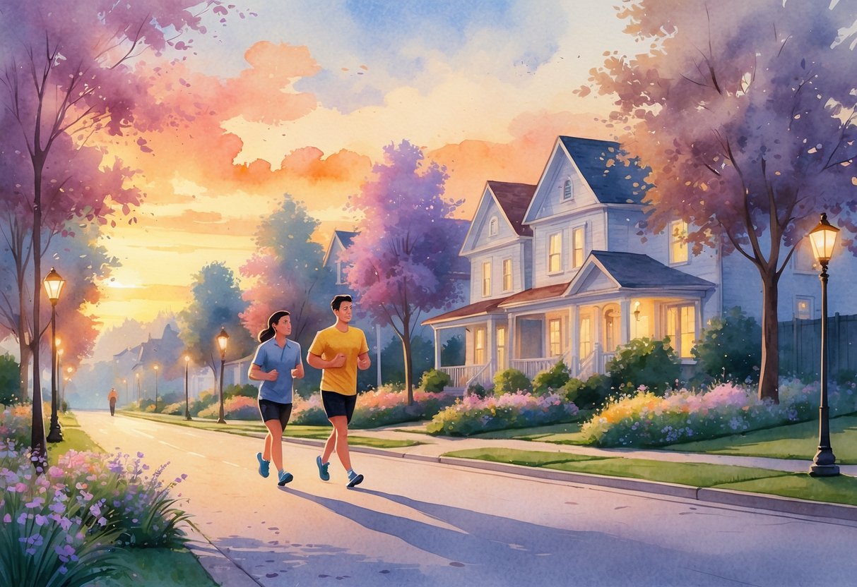 Two people walking or jogging together on a tree-lined sidewalk during sunset in a quiet neighborhood with houses in the background.
