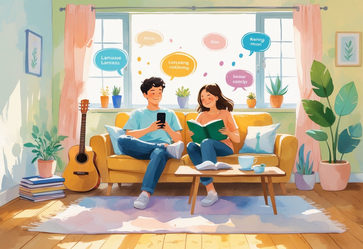 Two young adults sitting in a sunlit living room, one using a smartphone and the other reading a book, surrounded by items like a guitar, plants, and art supplies.