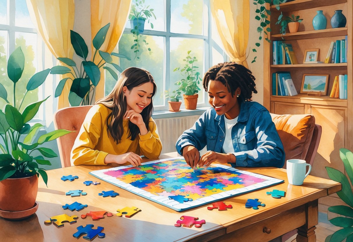 Two roommates sitting at a table working together on a jigsaw puzzle in a cozy, well-lit room.