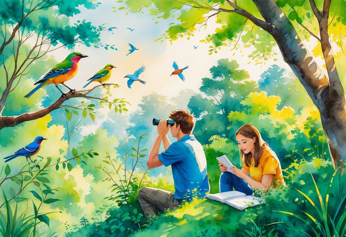 Two people outdoors observing and noting birds in a green forested area.