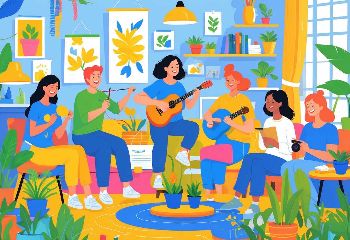 A group of people enjoying different creative hobbies like painting, knitting, playing music, writing, gardening, and photography in a bright indoor space.