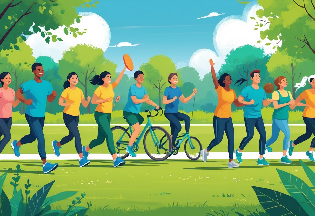 A diverse group of people enjoying various simple physical activities like walking, jogging, cycling, and playing frisbee in a sunny park.