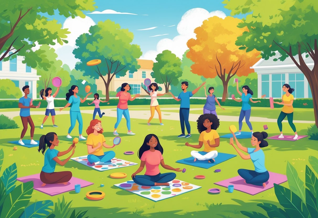 A diverse group of people enjoying various beginner-friendly social activities together outdoors in a park.