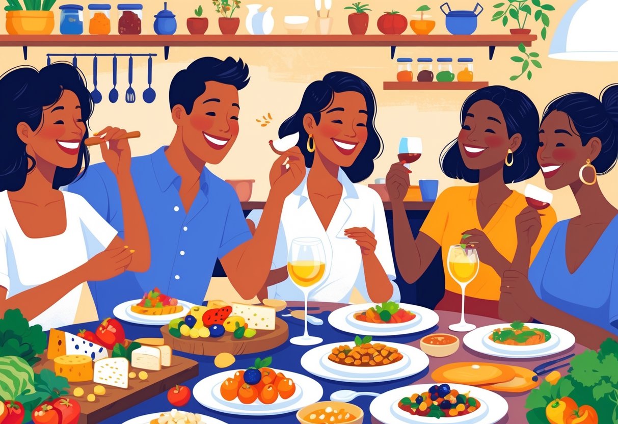 People enjoying various culinary and tasting activities together in a cozy kitchen setting with food, utensils, and tasting dishes around them.