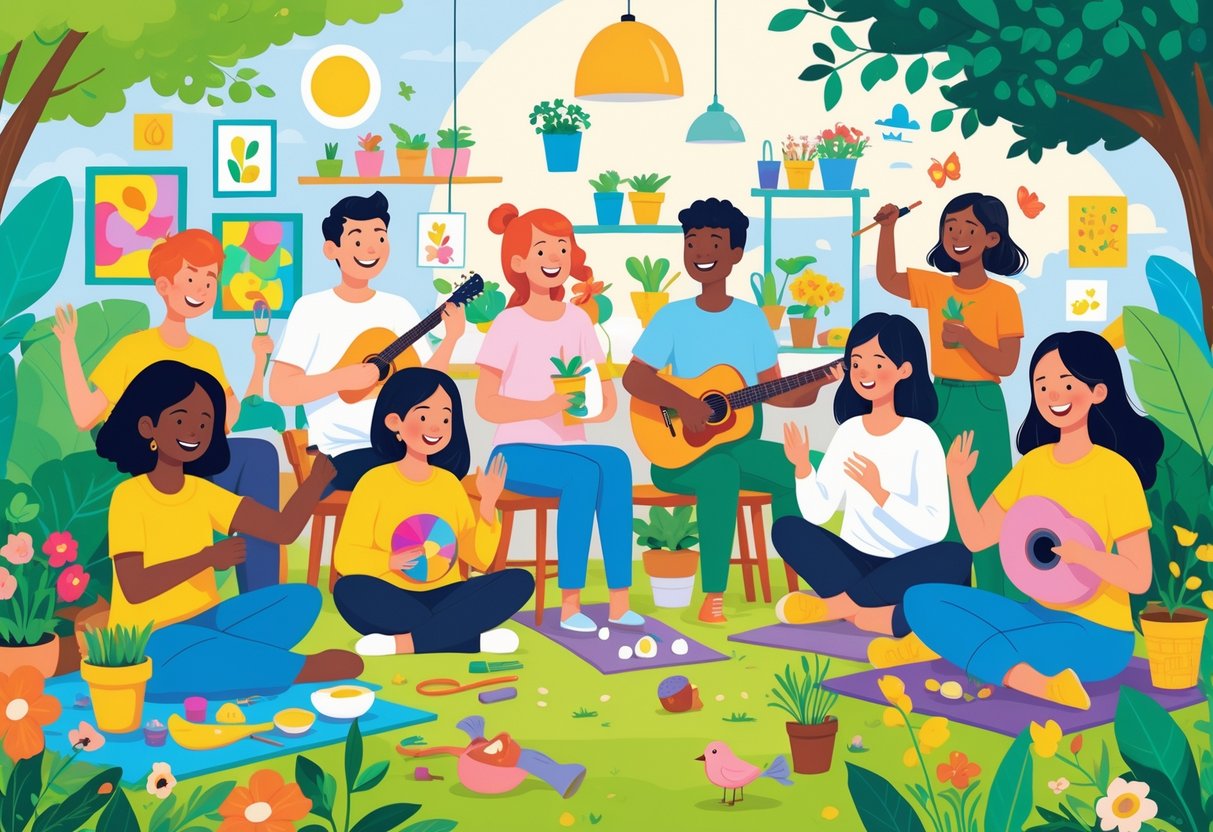 A group of diverse people happily engaging in various beginner hobbies like painting, gardening, knitting, cooking, playing guitar, yoga, bird watching, and puzzles in a bright community setting.