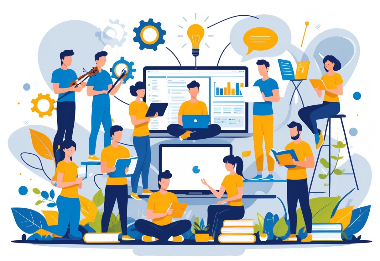 A group of people engaged in various hobbies like painting, playing music, coding, gardening, cooking, reading, yoga, and collaborating, surrounded by symbols representing skills and growth.