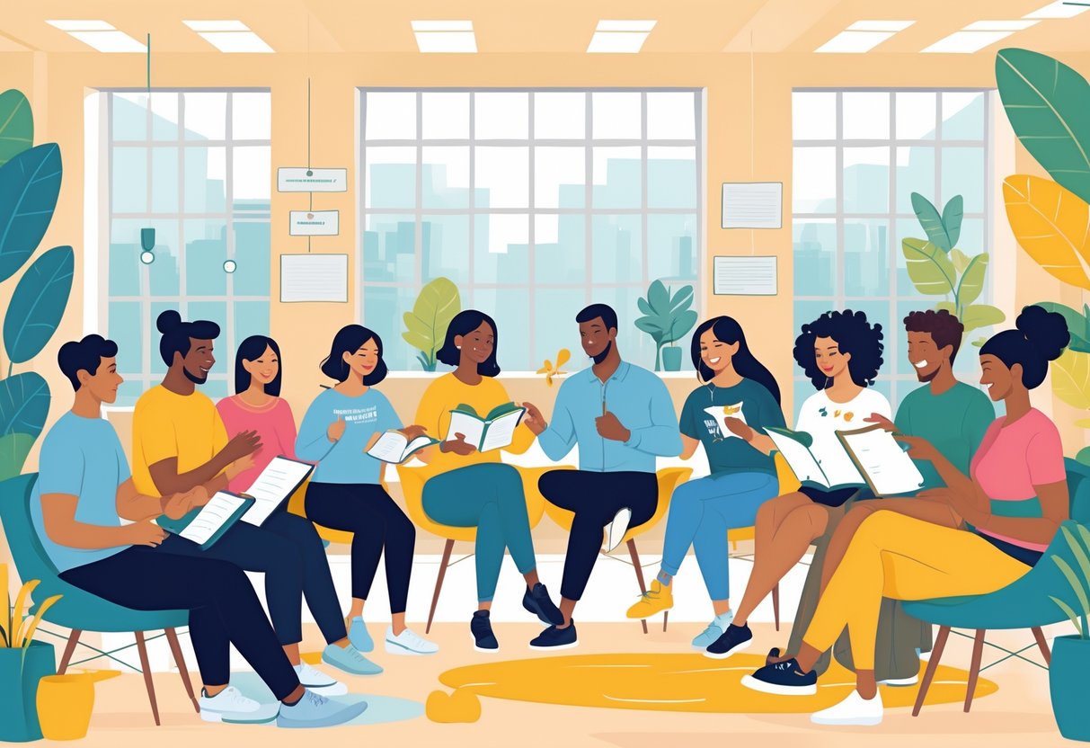 A diverse group of people engaging in various hobbies that improve communication skills, including group discussions, public speaking, music, sports, writing, and art in a bright community space.