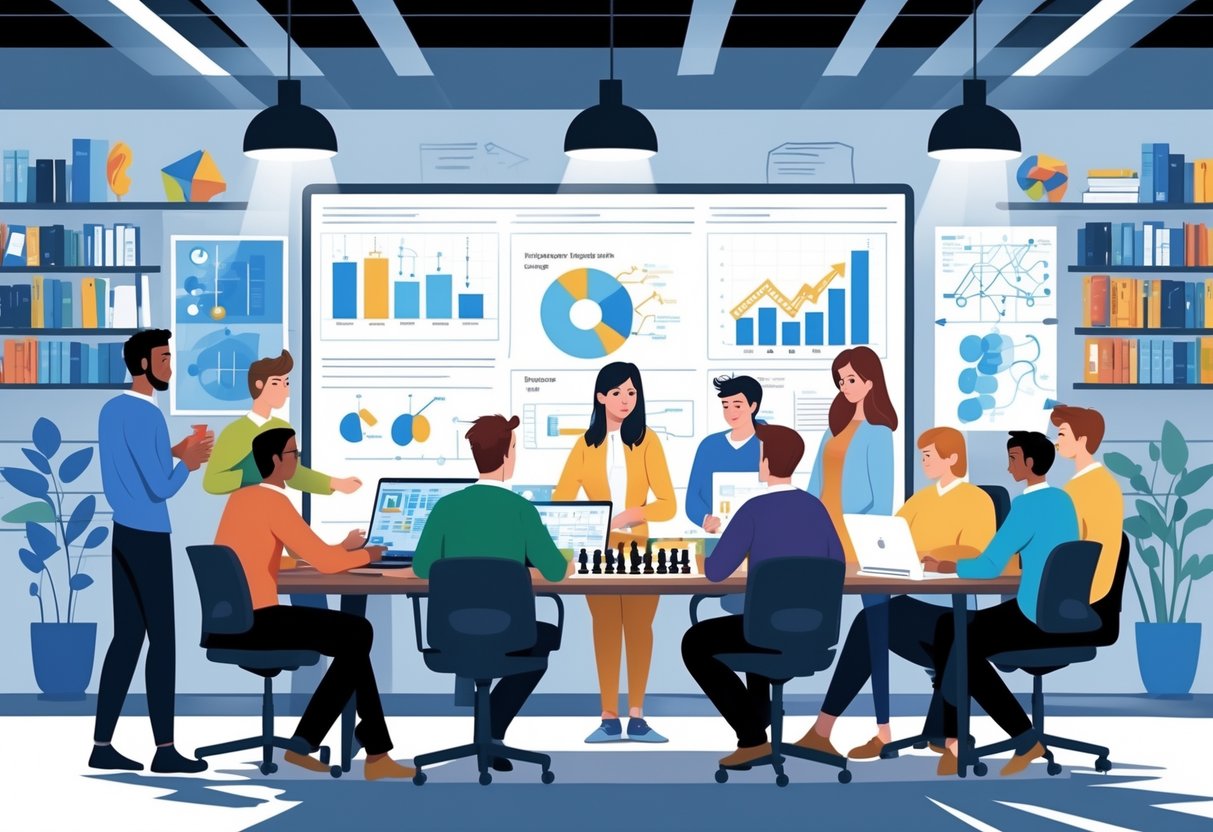 A group of people engaged in intellectual hobbies like chess, puzzles, reading, coding, and discussing ideas in a modern office setting.