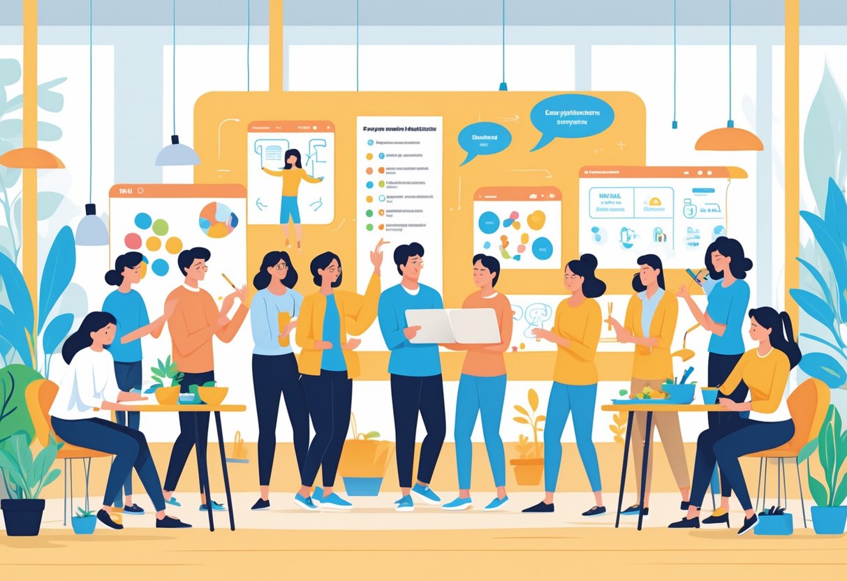 A group of diverse adults engaged in various collaborative activities like team discussions, painting, gardening, cooking, and playing music together in a bright indoor space.