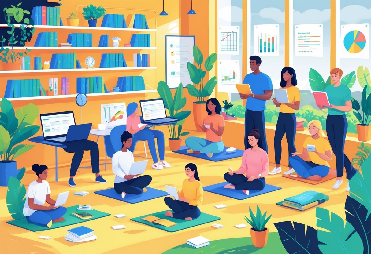 A group of people engaged in various personal development activities like reading, public speaking, coding, painting, playing instruments, meditating, exercising, networking, writing, language learning, and solving puzzles in a bright, modern workspace and outdoor setting.