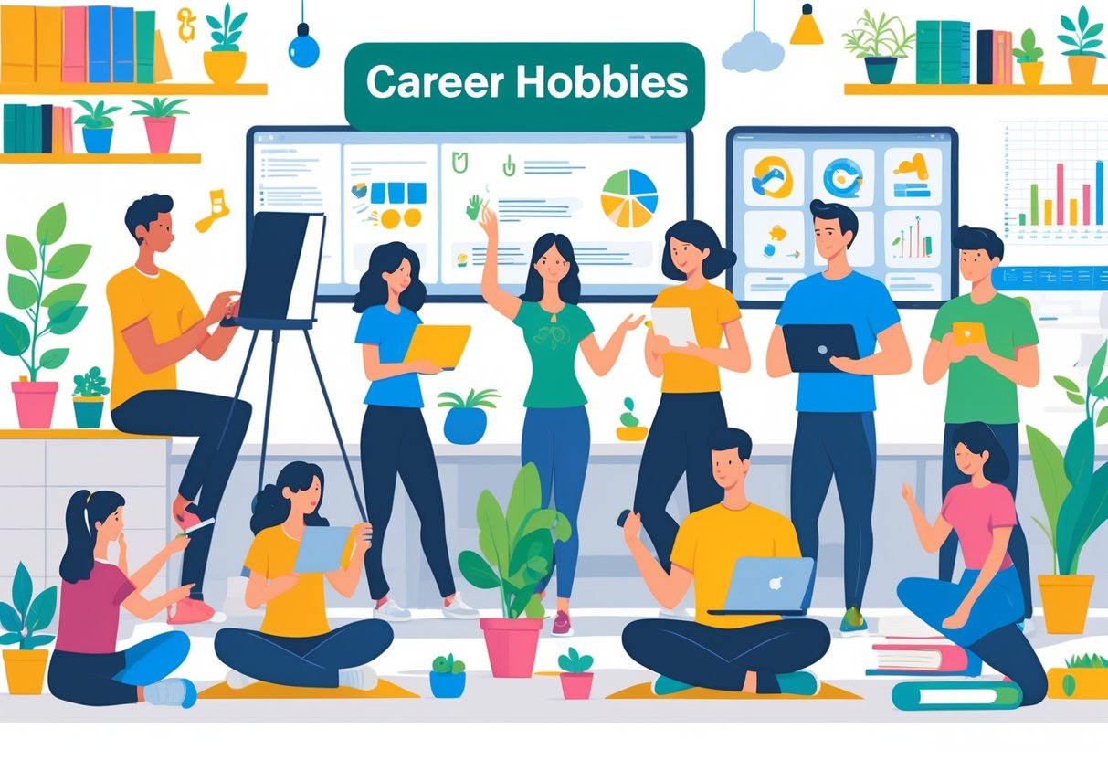 A group of people engaged in different hobbies like painting, coding, public speaking, playing music, gardening, reading, cooking, yoga, photography, and teamwork in a bright workspace.