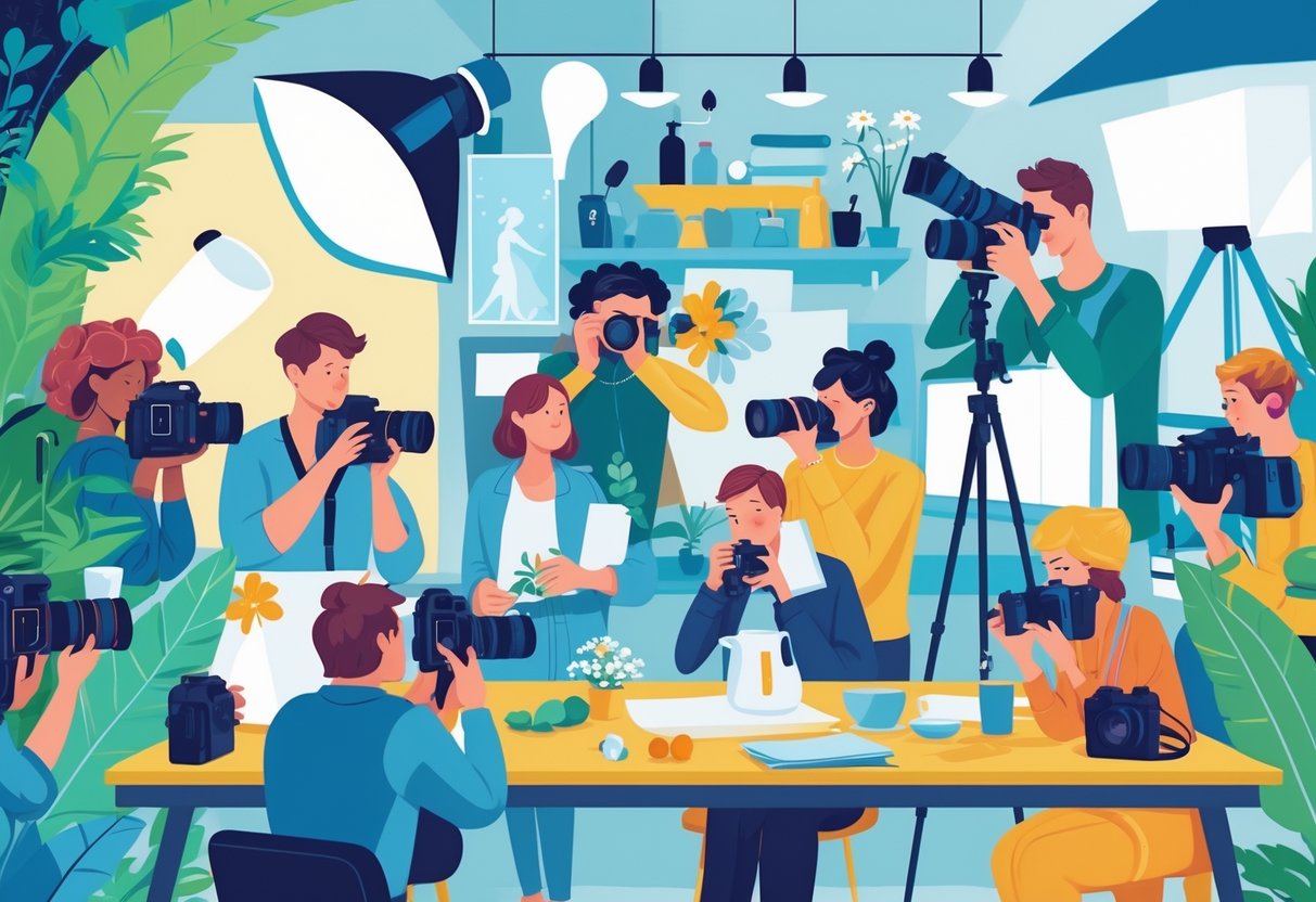 A scene showing ten photographers engaged in different photography activities including wildlife, portrait, street, macro, wedding, product, travel, food, sports, and real estate photography.