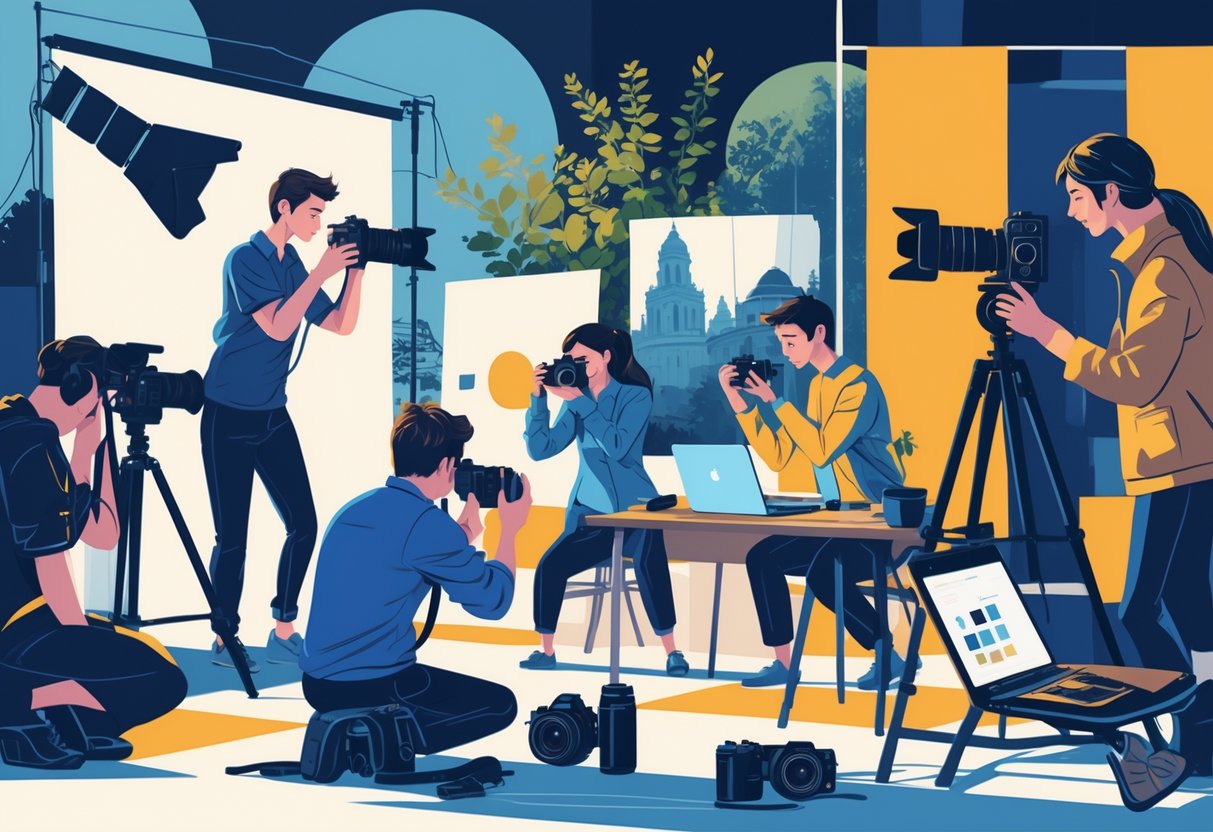 A group of people engaged in different photography activities including portrait, wildlife, architectural photography, photo editing, selling prints, and teaching a workshop.