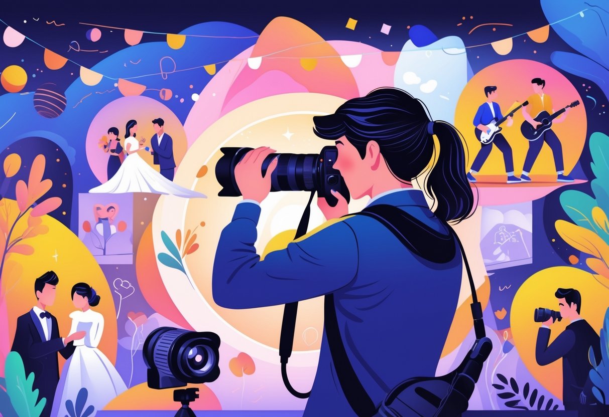 A photographer taking pictures at different events including weddings, concerts, sports, portraits, and nature photography.