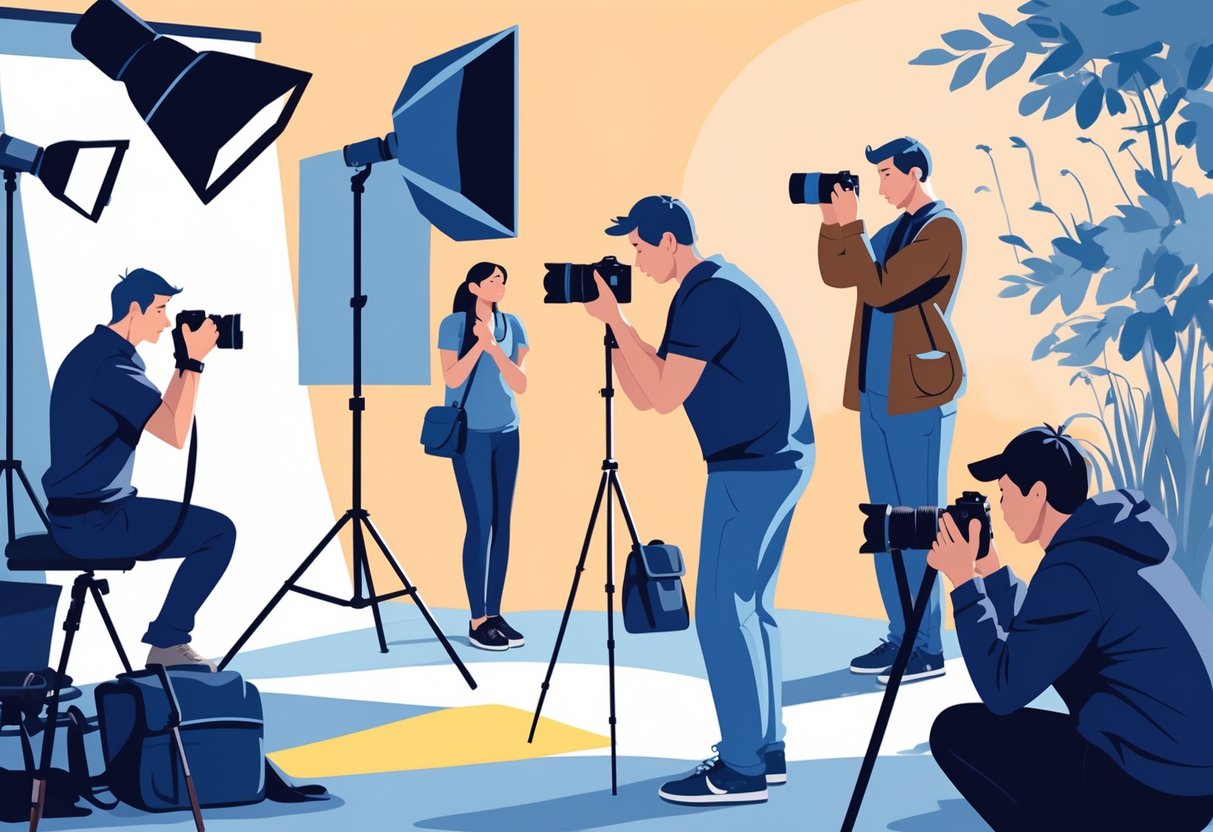 A group of photographers taking pictures in different settings, including a portrait studio, street photography, and nature photography.